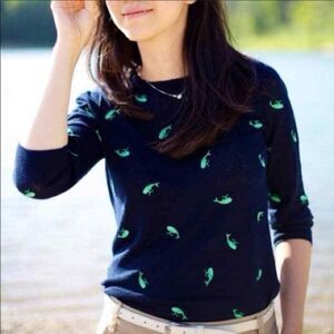 J. CREW Women's Linen Tippi Sweater Embroidered Whales Navy Blue Size M EUC